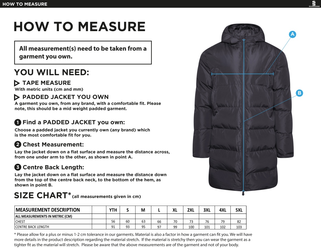 Whitworth Valley ACTIVE LONG PADDED JACKETS - Size Guide