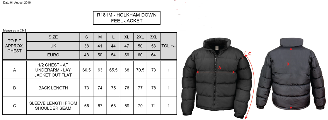 Whitworth Valley Football Club Men's Puffa Jacket - Size Guide