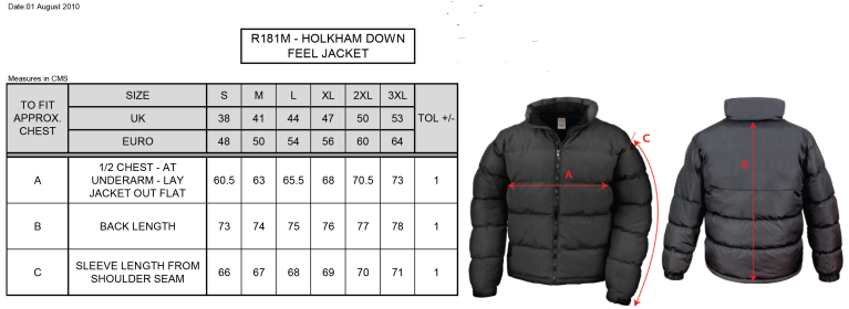 Whitworth Valley Football Club Men's Puffa Jacket - Size Guide
