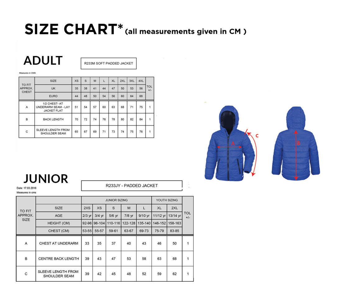 Whitworth Valley Football Club Supersoft Jacket - Size Guide