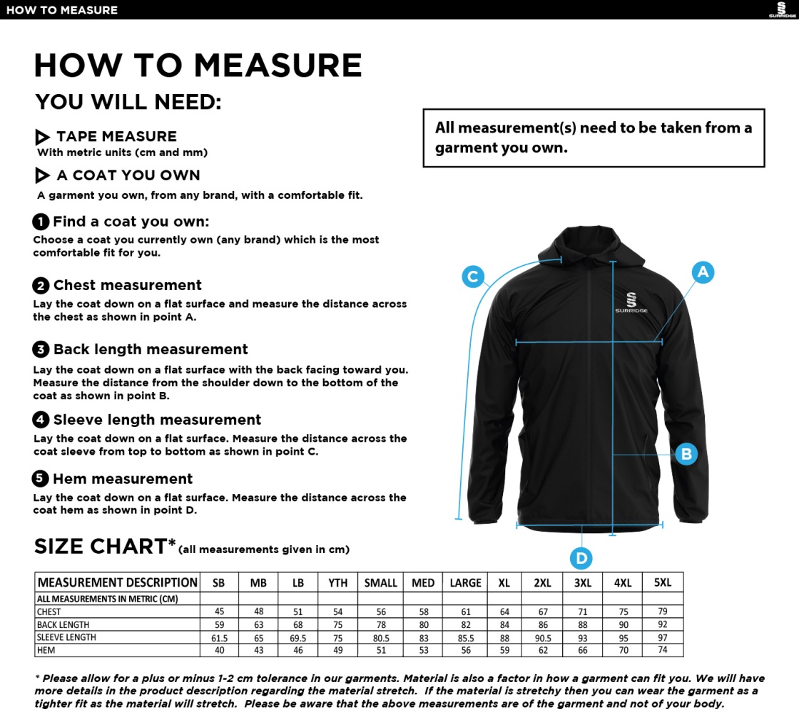 Whitworth Valley Football Club Lightweight Full Zip Training Jacket - Size Guide