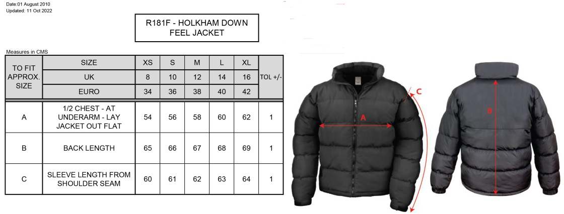 Whitworth Valley Football Club Ladies Puffa Jacket - Size Guide