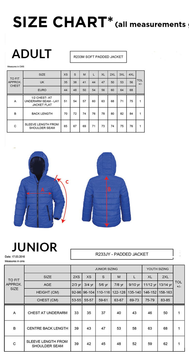 Whitworth Valley Football Club Supersoft Jacket - Size Guide