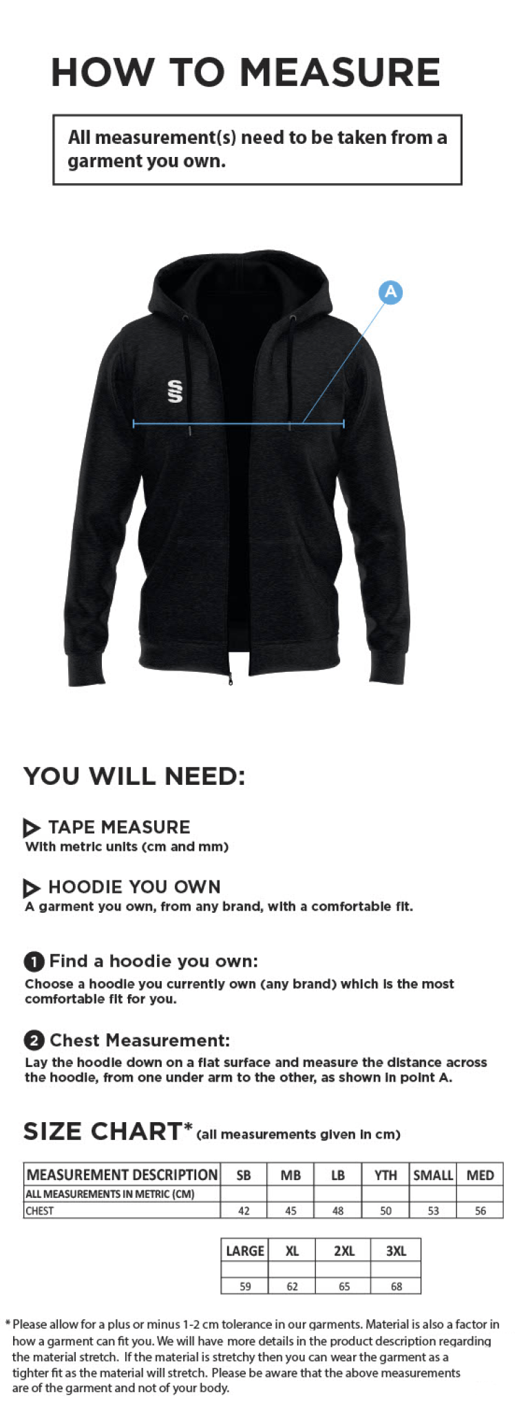 Whitworth Valley Football Club Dual Bonded Full Zip Hoody - Size Guide