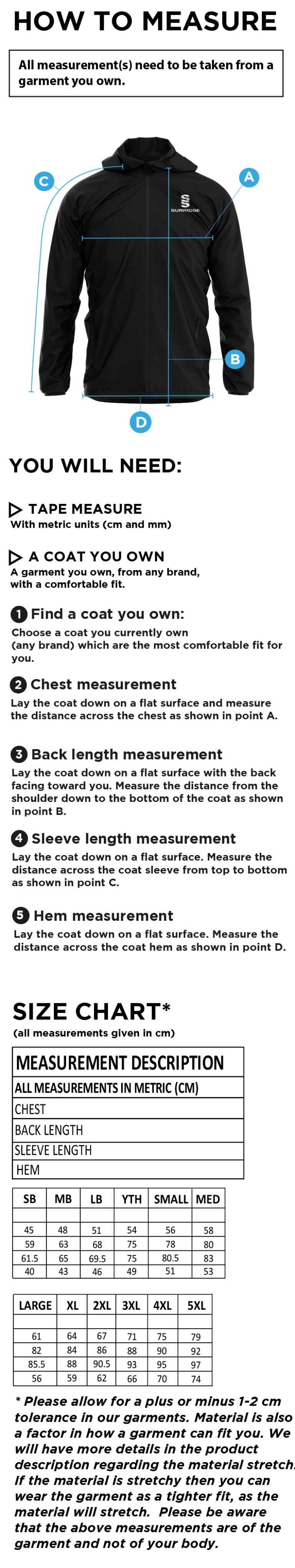 Whitworth Valley Football Club Lightweight Full Zip Training Jacket - Size Guide