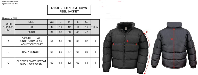 Whitworth Valley Football Club Ladies Puffa Jacket - Size Guide