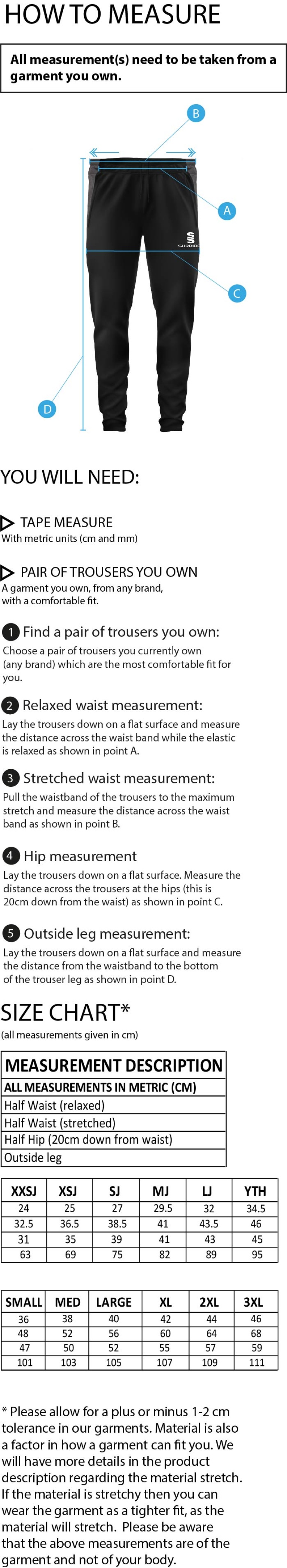 Whitworth Valley Football Club Dual Skinny Pants - Size Guide