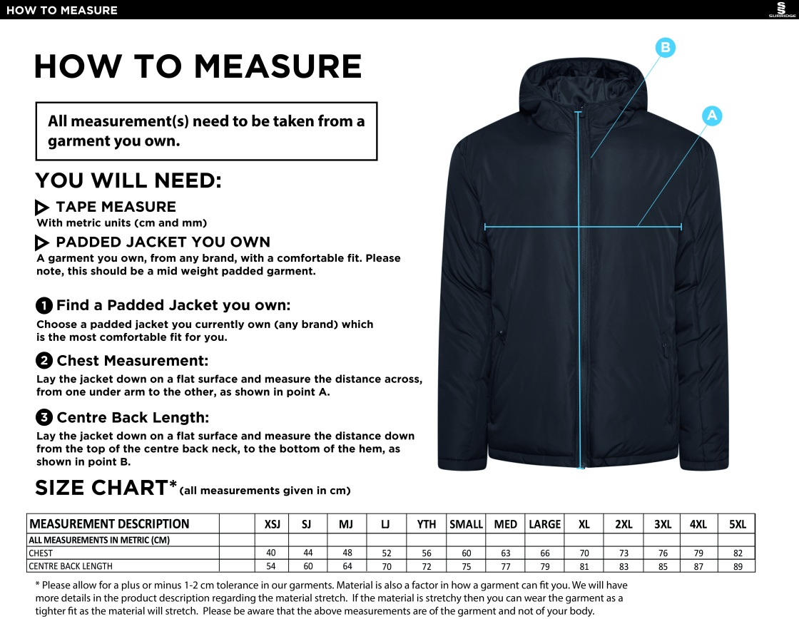 Whitworth Valley Active Padded Jacket - Black - Size Guide