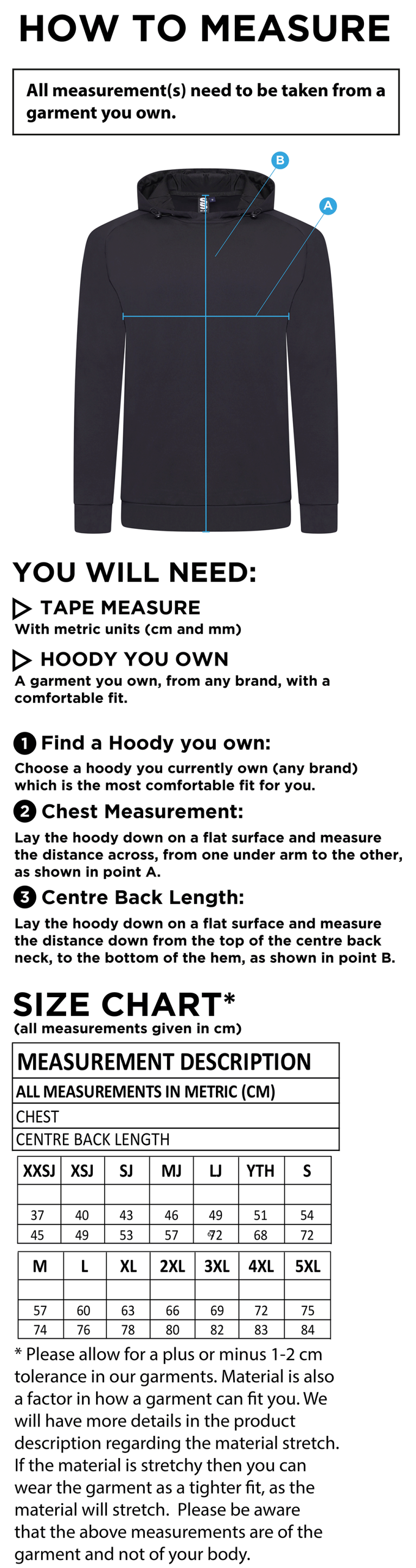 Whitworth Valley ACTIVE HOODY BLACK - Size Guide