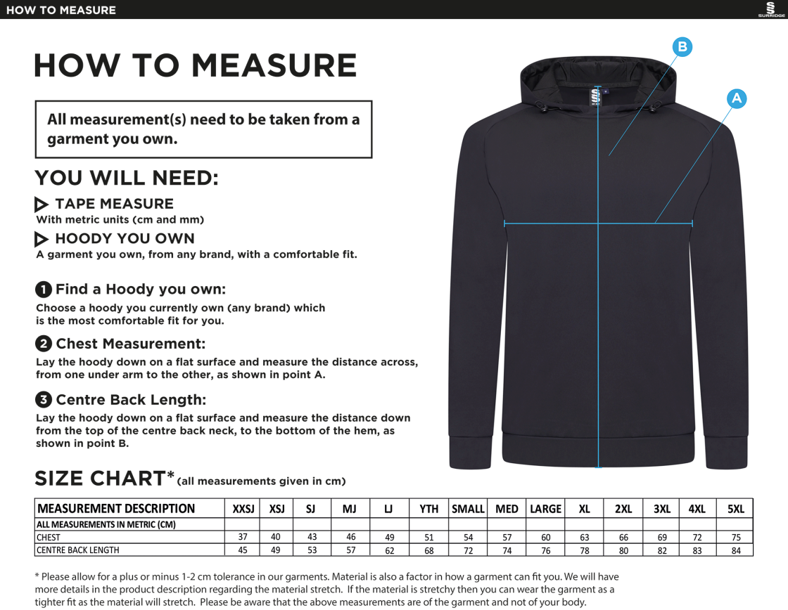 Whitworth Valley ACTIVE HOODY BLACK - Size Guide