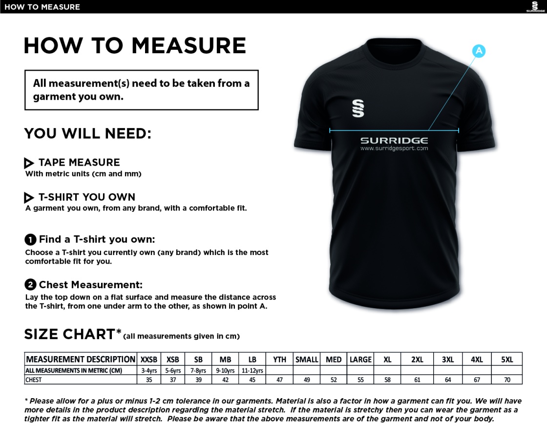 WHITWORTH VALLEY FOOTBALL CLUB DUAL GAMES TRAINING SHIRT - Size Guide