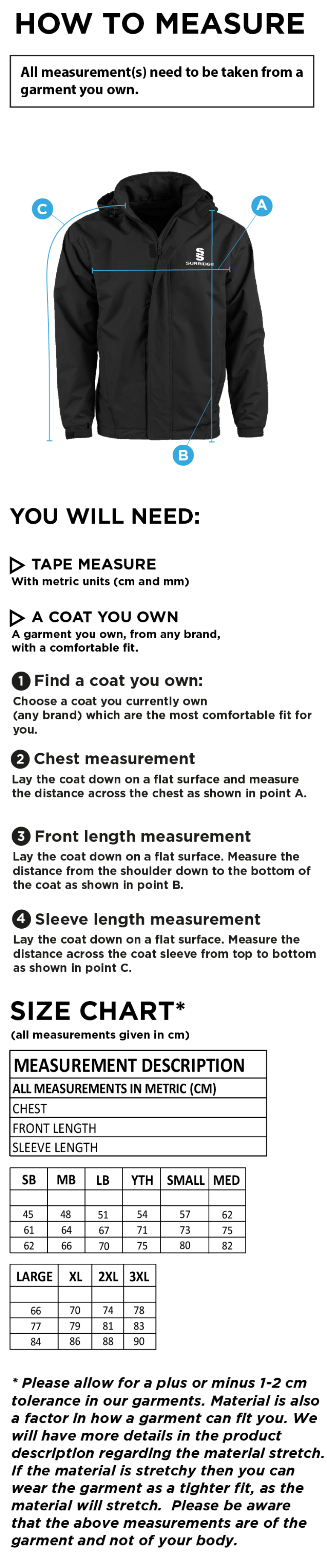 Whitworth Valley Football Club Fleeced Line Jacket - Size Guide