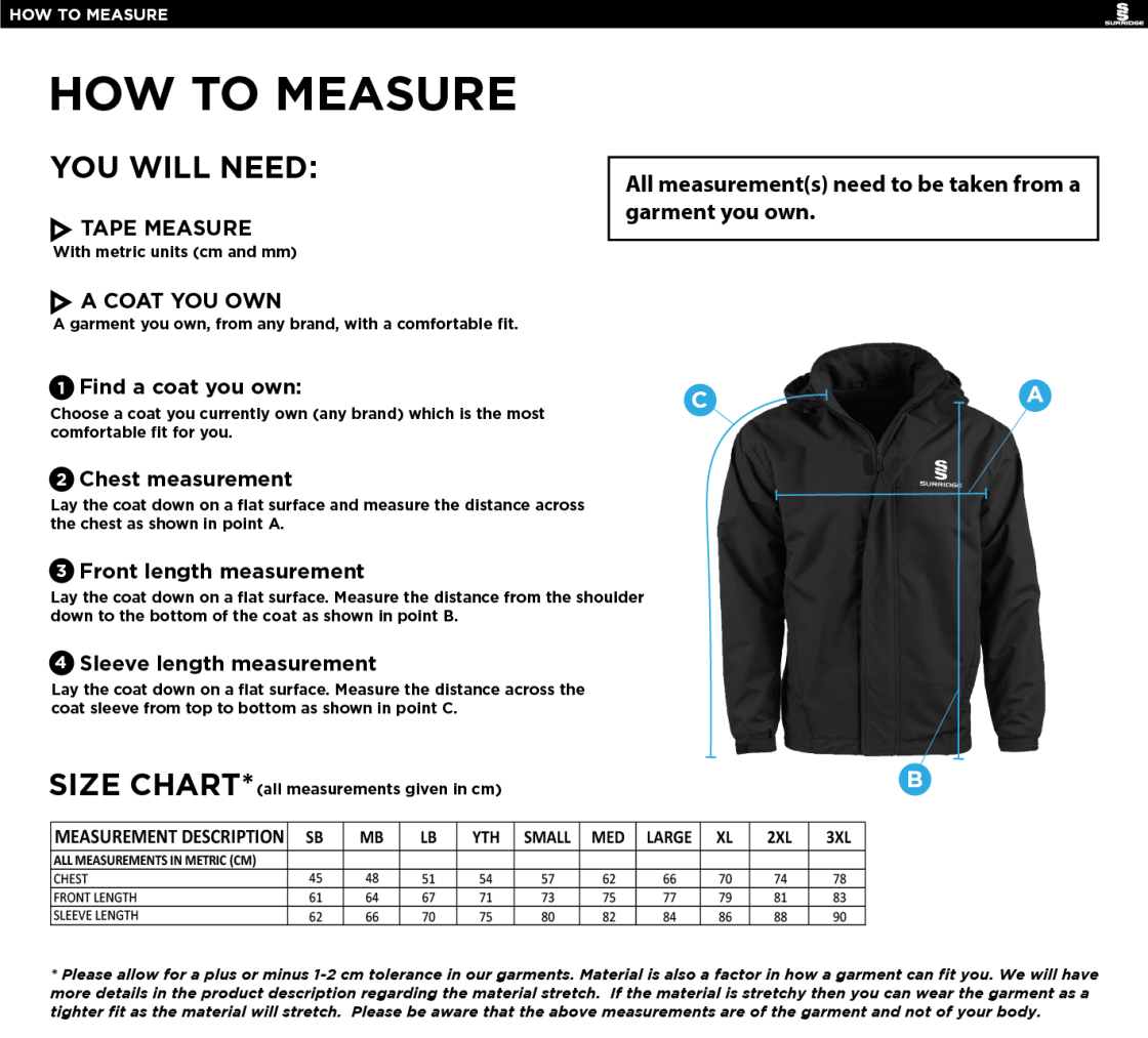 Whitworth Valley Football Club Fleeced Line Jacket - Size Guide