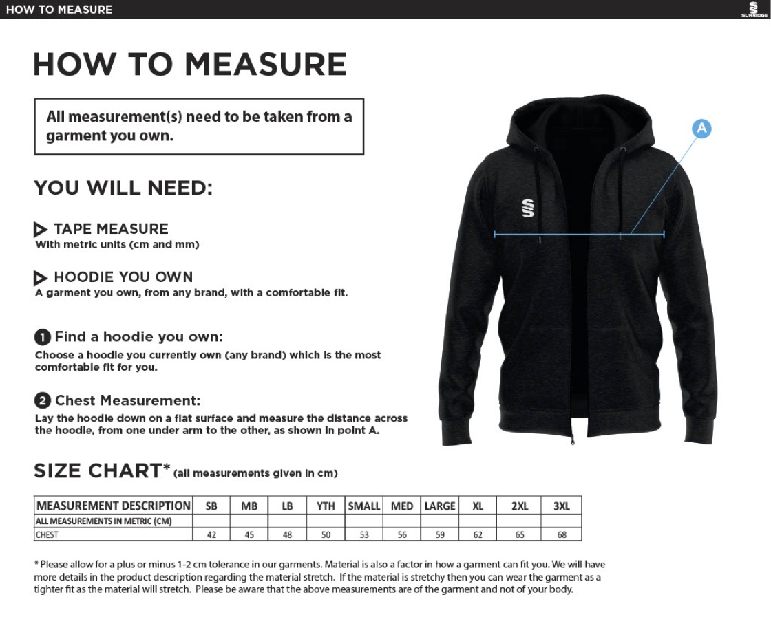 Whitworth Valley Football Club Dual Bonded Full Zip Hoody - Size Guide